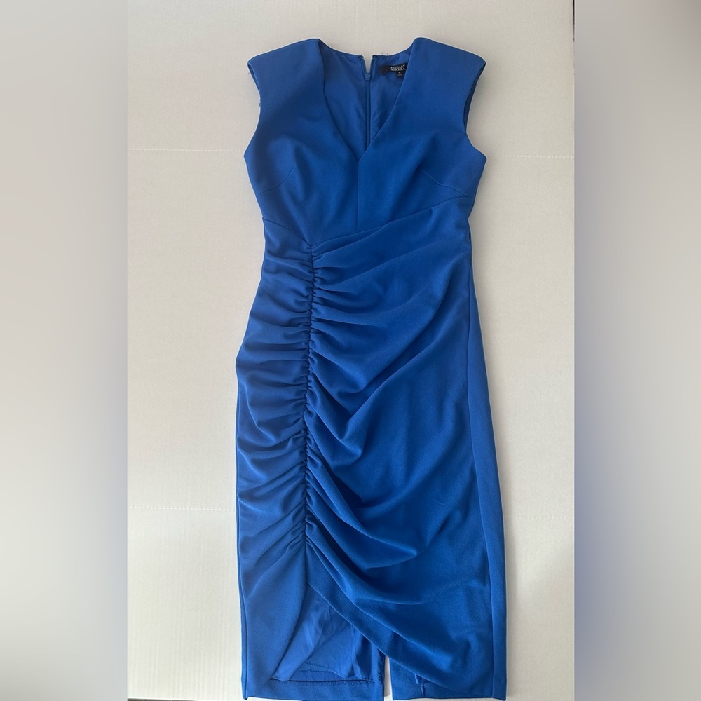 Badgley Mischka Blue Ruched Sheath Midi Dress